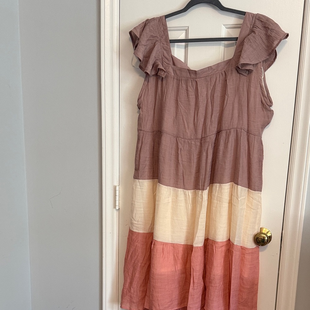 Umgee Mauve, Cream & Dusty Rose Tiered Asymmetrical Dress